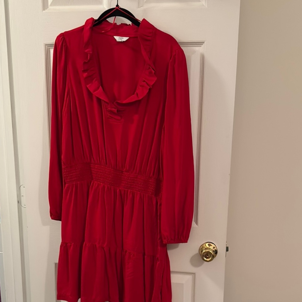 Crown & Ivy Red Pleated Bishop Sleeve Dress